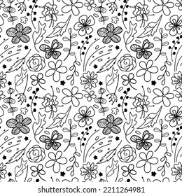 Lace floral pattern on a transparent background. Black flowers, leaves, twigs. Seamless vector image.