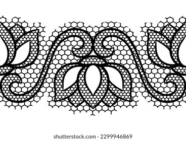 Lace floral pattern. Seamless border with flowers and leaves. Embroidery handmade decoration.