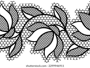 Lace floral pattern. Seamless border with flowers and leaves. Embroidery handmade decoration.