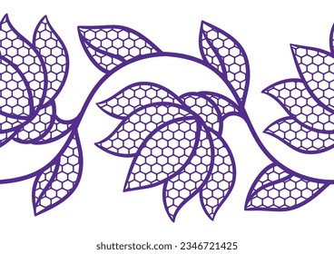 Patrón floral de encaje. Frontera perfecta con flores y hojas. Decoración hecha a mano con bordado.