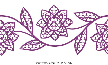 Spitzen-Blumenmuster. Nahtlose Grenze mit Blumen und Blättern. Stickereihandgemachte Dekoration.