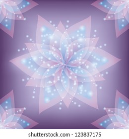 Lace floral purple background with flowers lilies. Greeting or invitation card in retro style. Vector illustration