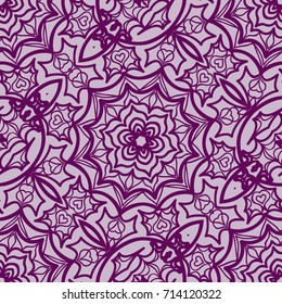 lace floral seamless pattern. decorative beautiful ornament with hand drawn elements. vector illustration. purple color