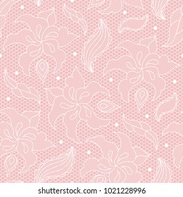 Lace floral seamless pattern. Elegant guipure background in white and pink colors. Vector