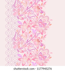 Lace floral vertical seamless pattern. Beautiful ethnic ornament . Vector print. Use for braid, tape, ribbon.