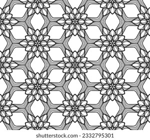 Lace flower bud seamless pattern. Floral line art repeat tile. Endless flat retro fabric background. Decorative plant summer textile print design. Ornate geometric ornament. Fashion botanical carpet