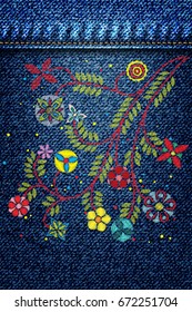 Lace flower embroidery on jeans or blue denim background design. Embroidery ethnic floral jean line or short floral blooming for fashion wearing. Vector.