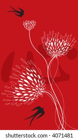 lace flowers, swallows on red (vector) - illustration / chinese word "xing" means "heart" in english