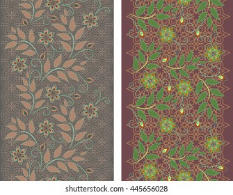 Lace flowers vertical seamless pattern. Vector set of 2. Monochrome background. Use for embroidery, braid, tape, ribbon. 