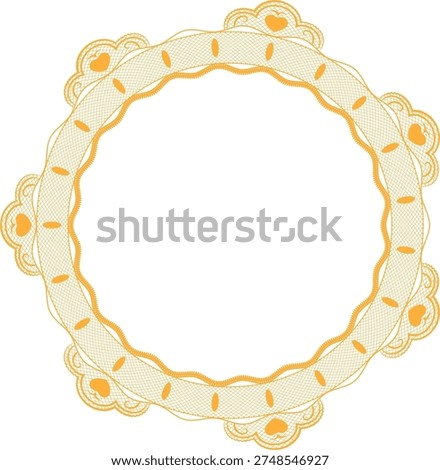 Lace frame with circular scallop border, mesh guilloche pattern, and empty center for text or photo. Symbol of elegance, wedding stationery, luxury badge, vintage trim. Cartoon vector illustration.