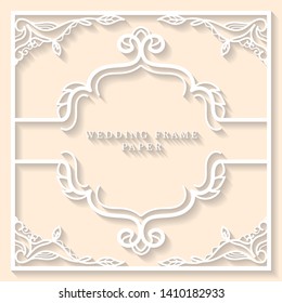 Lace frame with cutout paper decoration, vector greeting card or wedding invitation template with vintage decorative.