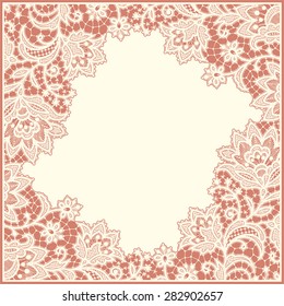 Lace frame. Doily. Floral pattern. Beige Background.