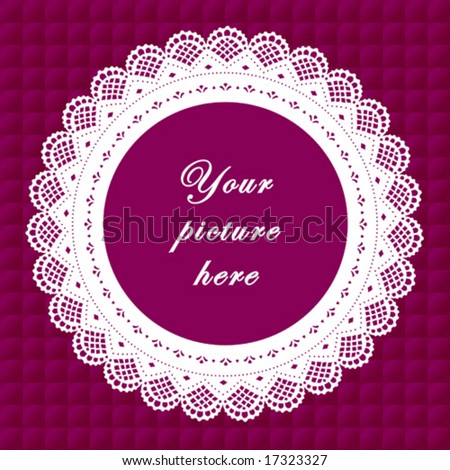 Lace Frame, vintage doily border, round copy space, purple quilted background for albums, scrapbooks, holidays, do it yourself craft. 