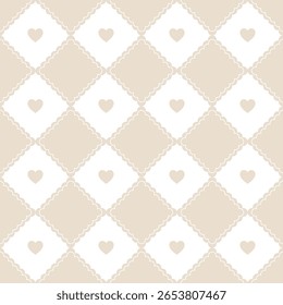 Lace geometric seamless pattern rhombus with hearts. Vector repeating texture gingham. 