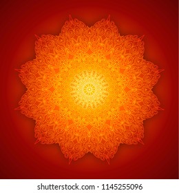Lace gold mandala with shadow on red background. Vintage decorative elements. Islam, Arabic, Indian, ottoman symbol. Oriental vector
