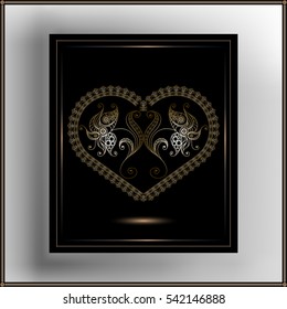 Lace gold valentine heart in frame. Suitable for invitation, flyer, sticker, poster, banner, card,label, cover, web. Vector illustration.