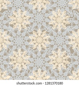 Lace gray-white seamless pattern with flowers on gray background.  Decorative illustration, good for printing. Colorful wallpaper vector. Great for label, print, packaging,fabric.