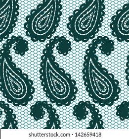 Lace green seamless pattern with paisley on white background