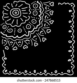 Lace hand drawn background with a place for text. Black and white vector design.