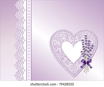 Lace Heart, Antique Satin Present, Victorian style gift wrap, Sweet Lavender flower bouquet, violet ribbon, bow. Gift card, copy space for Mother's Day, birthday, anniversary, shower, wedding. 