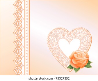 Lace Heart, Antique Satin. Vintage Victorian style present. Gift card with pastel peach Rose flower, copy space for Mother's Day, birthdays, anniversaries, showers, weddings. 