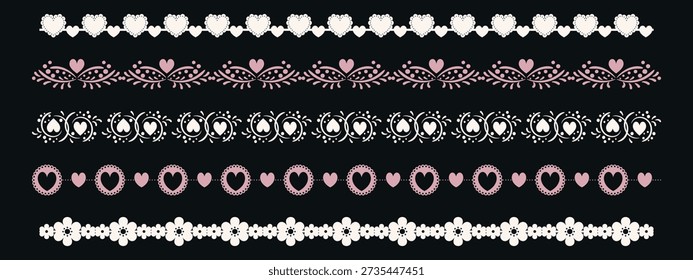 Colección del borde del corazón del cordón. Vector rosa y blanco sin costuras con bordados florales, patrones de ganchillo, y corazones decorativos, simbolizando la boda de San Valentín, y shabby chic divisor.