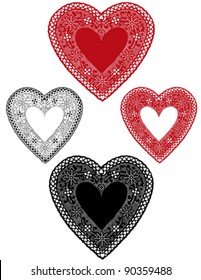 Lace Heart Doilies, red, white, black vintage, antique designs, baby hearts border, copy space for Valentines Day, Mothers Day, anniversary, birthday, Christmas, scrapbooks, cake decorating. 