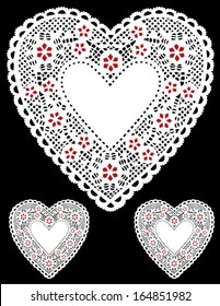 Lace Heart Doilies. vintage antique design, stars, copy space, Valentines Day, Mothers Day, anniversary, birthday, Christmas, albums, scrapbooks, cake decorating. Isolated on black. EPS8 compatible. 