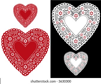 Lace Heart Doilies, vintage pattern, red and white antique designs, baby hearts border, copy space for Valentines Day, Mothers Day, anniversary, birthday, Christmas, scrapbooks, cake decorating. 