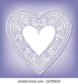 Lace Heart Doily, vintage antique design pattern. Blue pastel background. Copy space for greeting for Mother's Day, Valentine's Day, birthdays, showers, weddings, anniversaries, cake decorating. 