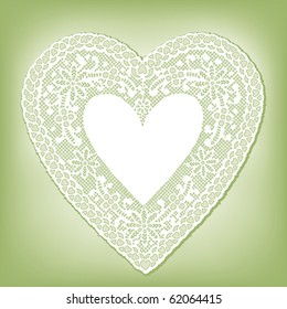 Lace Heart Doily, vintage antique design pattern. Green background. Copy space for your greeting for Mother's Day, Valentine's Day, birthdays, showers, weddings, anniversaries, cake decorating. 