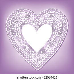 Lace Heart Doily, vintage antique design pattern. Lavender background. Copy space to add greeting for Mother's Day, Valentine's Day, birthdays, showers, weddings, anniversaries, cake decorating. 