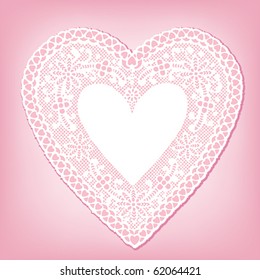 Lace Heart Doily, vintage antique design pattern. Pink background. Copy space for  your greeting for Mother's Day, Valentine's Day, birthdays, showers, weddings, anniversaries, cake decorating. 