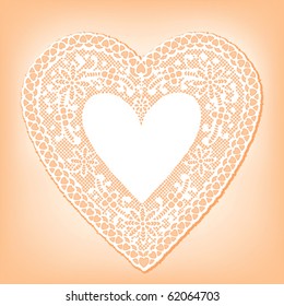 Lace Heart Doily, vintage antique design pattern. Peach background. Copy space for your greeting for Mother's Day, Valentine's Day, birthdays, showers, weddings, anniversaries, cake decorating. 