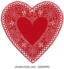 Lace Heart Doily, vintage red design for Valentines Day, Mothers Day, anniversary, birthday, Christmas, albums, scrapbooks, cake decorating, copy space. Isolated on white background. 