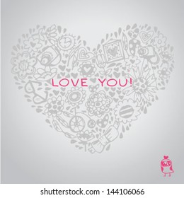 Lace heart template for greeting card and sample text. Template for design romantic greeting card, wedding invitation, Valentines day background