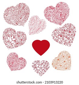 Lace hearts. Set of colored red hearts. Vector stock illustrations. Hand drawing.Isolated on white background.Valentine's day, wedding, invitations, postcards, design of banners, labels