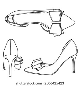 Schnürung nach oben High Heels Stilletos Heels für Damen Pointed Toe Heels line art, Technische Skizze Handzeichnung Umriss Vektor Doodle Illustration verschiedene Ansicht einzeln auf weißem Hintergrund