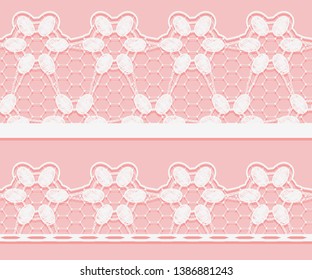 Lace horizontal seamless openwork flowers knitted crochet. White lacy mesh ribbons set on a pink background. Vector illustration