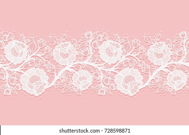Rosas horizontais sem costura a céu aberto. Malha de renda branca em um fundo rosa. Ilustração vetorial