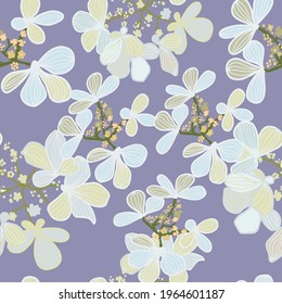 Lace hydrangea in cream and off white on light purple background. Designed in seamless repeat pattern, hydrangea element is enlarged to show off the beautiful details in lace hydrangeas. 