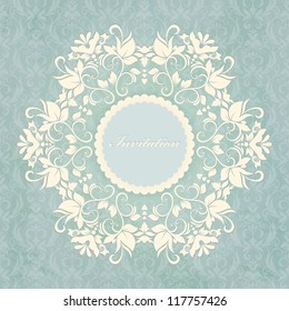 Lace Invitation card with abstract floral background. Greeting card in grunge or retro style. Elegance pattern with flowers, floral vintage illustration. (background behind the lace is complete).