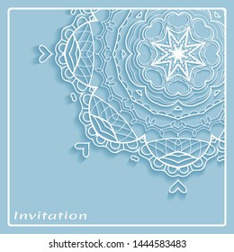 Lace Invitation Card template with mandala element. Doodle line pattern. Decorative openwork filigree art background for Wedding, Valentine's day greeting card, Birthday Invitation