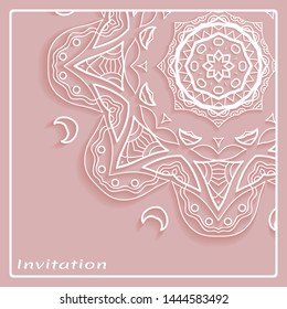 Lace Invitation Card template with mandala element. Doodle line pattern. Decorative openwork filigree art background for Wedding, Valentine's day greeting card, Birthday Invitation