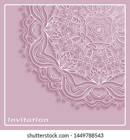 Lace Invitation Card template with mandala element. Doodle line pattern. Decorative openwork filigree art background for Wedding, Valentine's day greeting card, Birthday Invitation