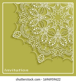 Lace Invitation Card template with mandala element. Doodle line pattern. Decorative openwork filigree art background for Wedding, Valentine's day greeting card, Birthday Invitation