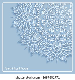 Lace Invitation Card template with mandala element. Doodle line pattern. Decorative openwork filigree art background for Wedding, Valentine's day greeting card, Birthday Invitation