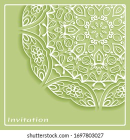 Lace Invitation Card template with mandala element. Doodle line pattern. Decorative openwork filigree art background for Wedding, Valentine's day greeting card, Birthday Invitation