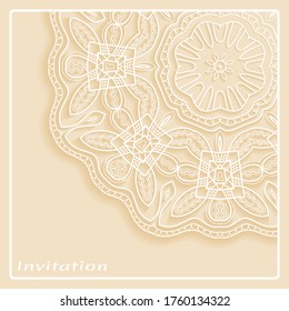 Lace Invitation Card template with mandala element. Doodle line pattern. Decorative openwork filigree art background for Wedding, Valentine's day greeting card, Birthday Invitation
