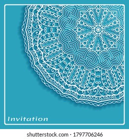 Lace Invitation Card template with mandala element. Doodle line pattern. Decorative openwork filigree art background for Wedding, Valentine's day greeting card, Birthday Invitation